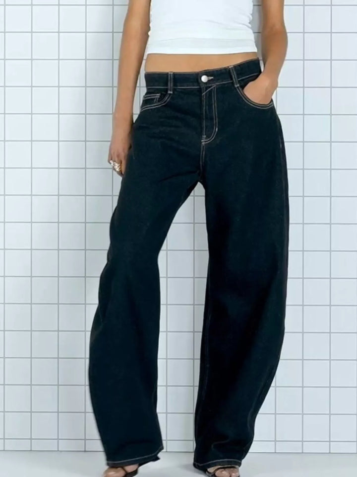 Mid-rise wide-leg washed denim jeans with five-pocket styling