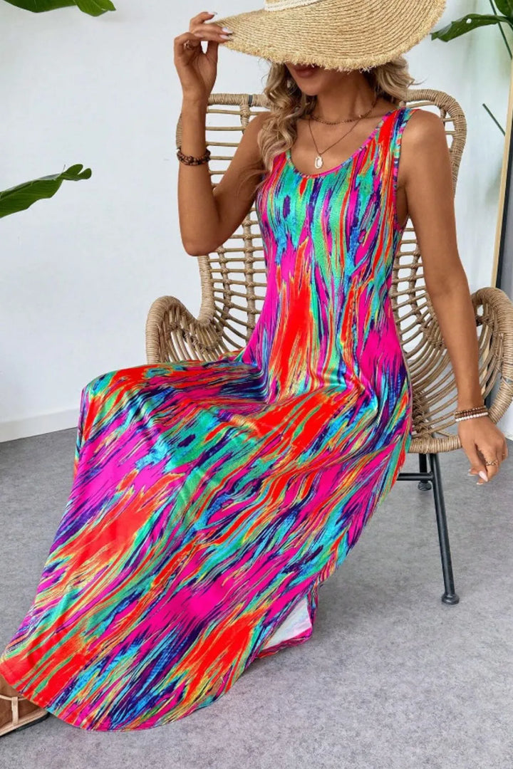 Abstract print sleeveless maxi dress with pockets