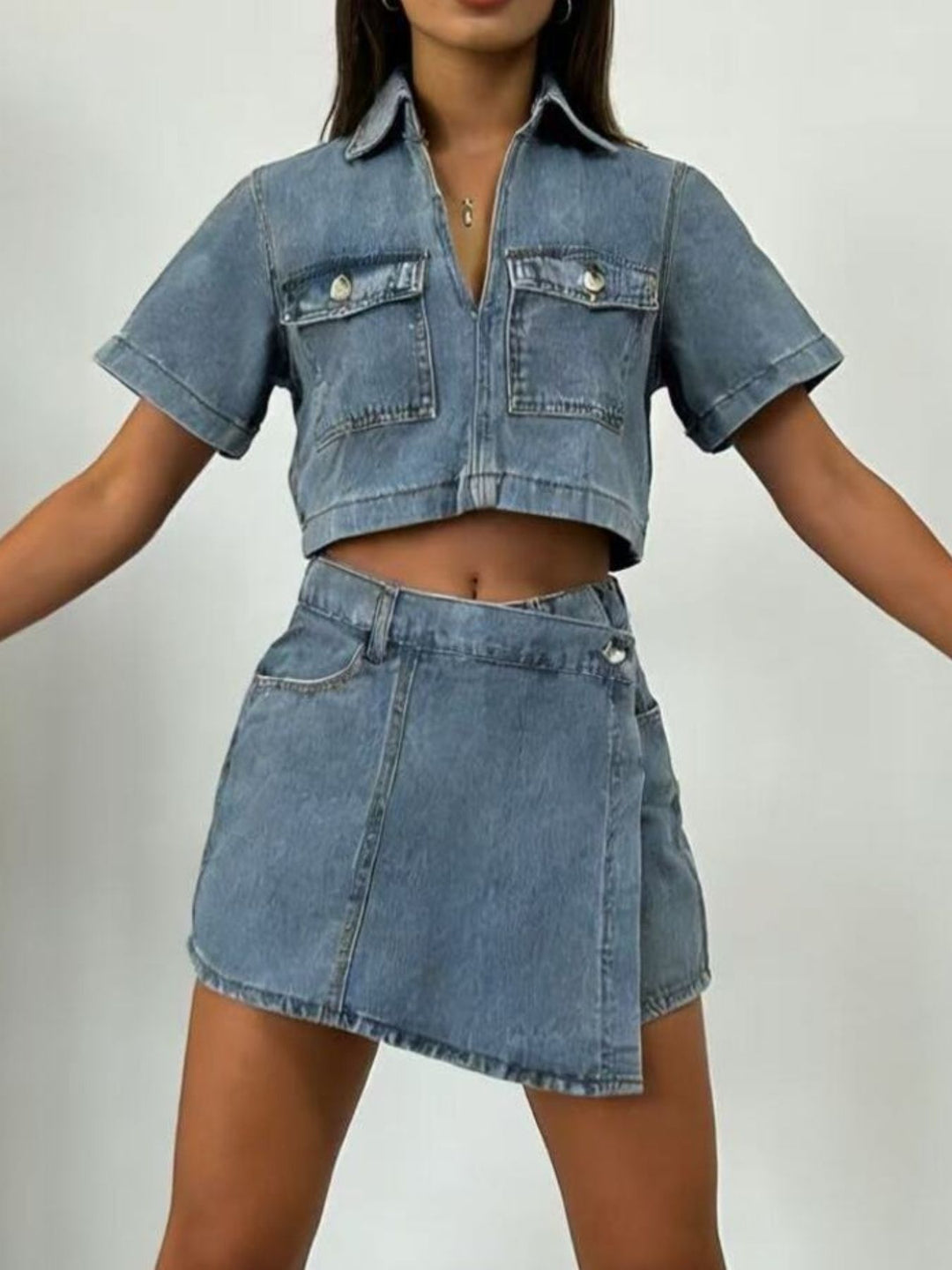 Cropped denim button-up top and mini skort set