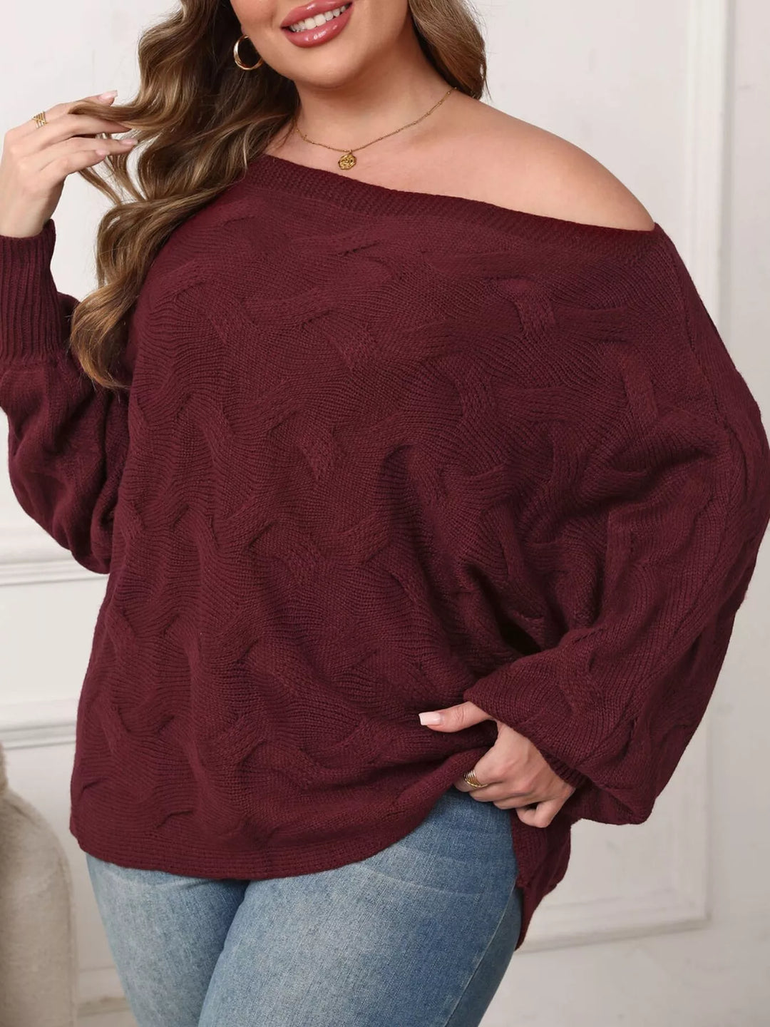 Textured cable knit off-shoulder sweater with batwing sleeves