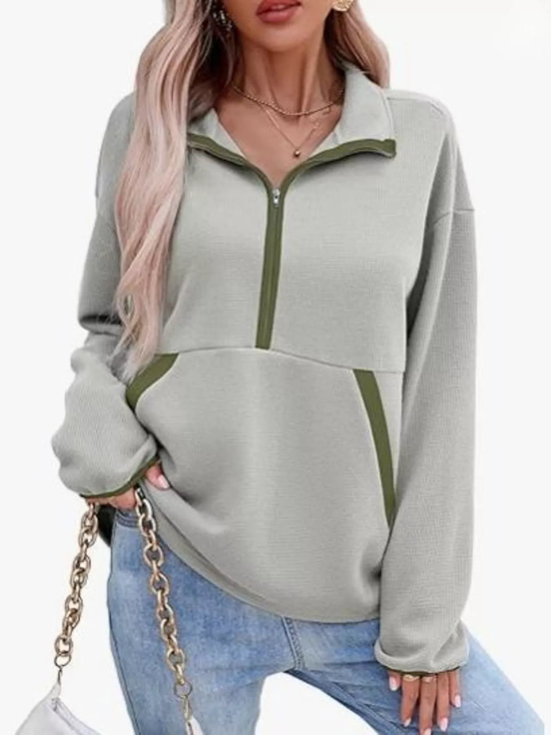 Half-zip dropped shoulder sweatshirt with contrast trim