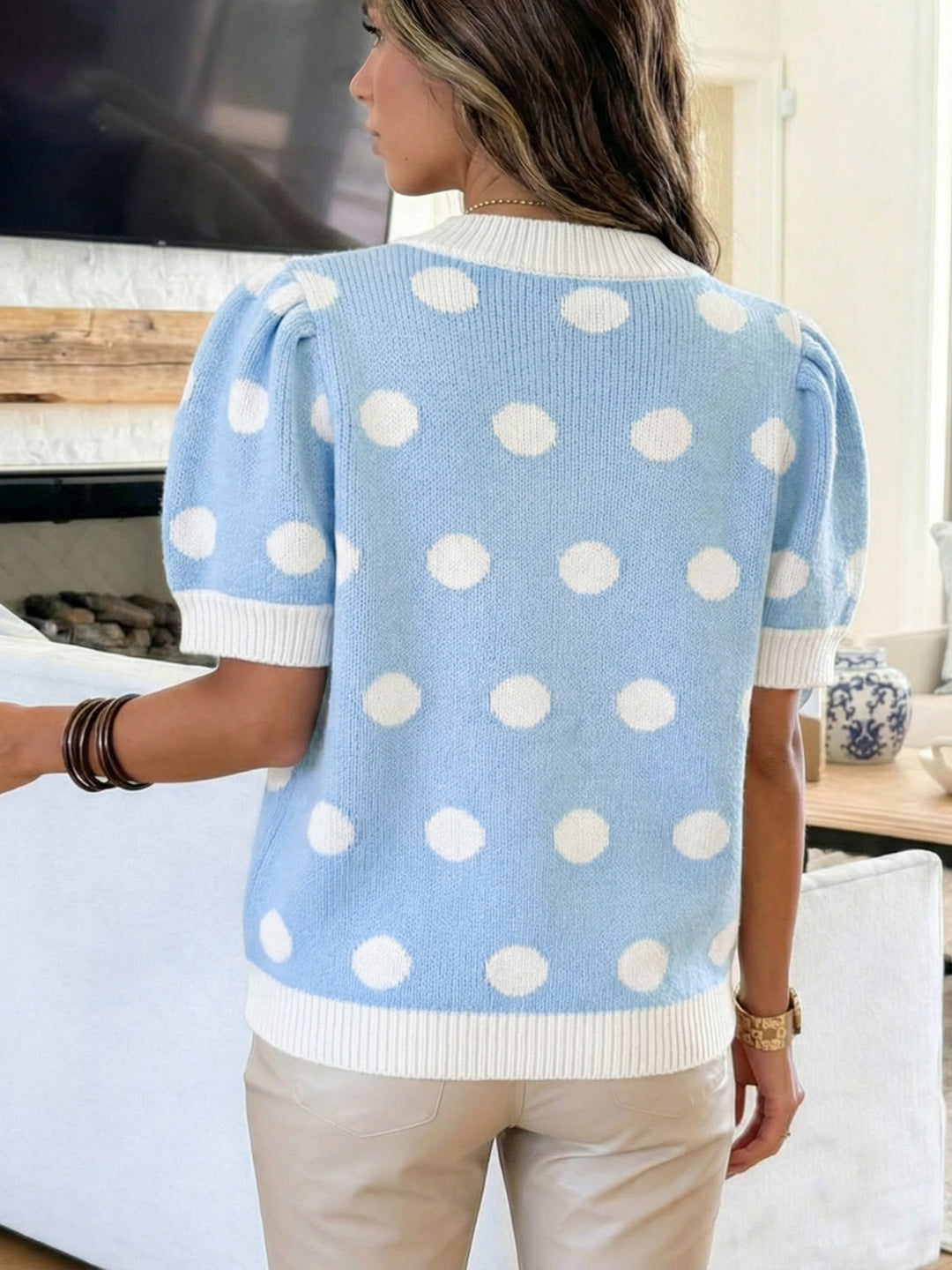 Polka dot puff sleeve V-neck knit sweater top