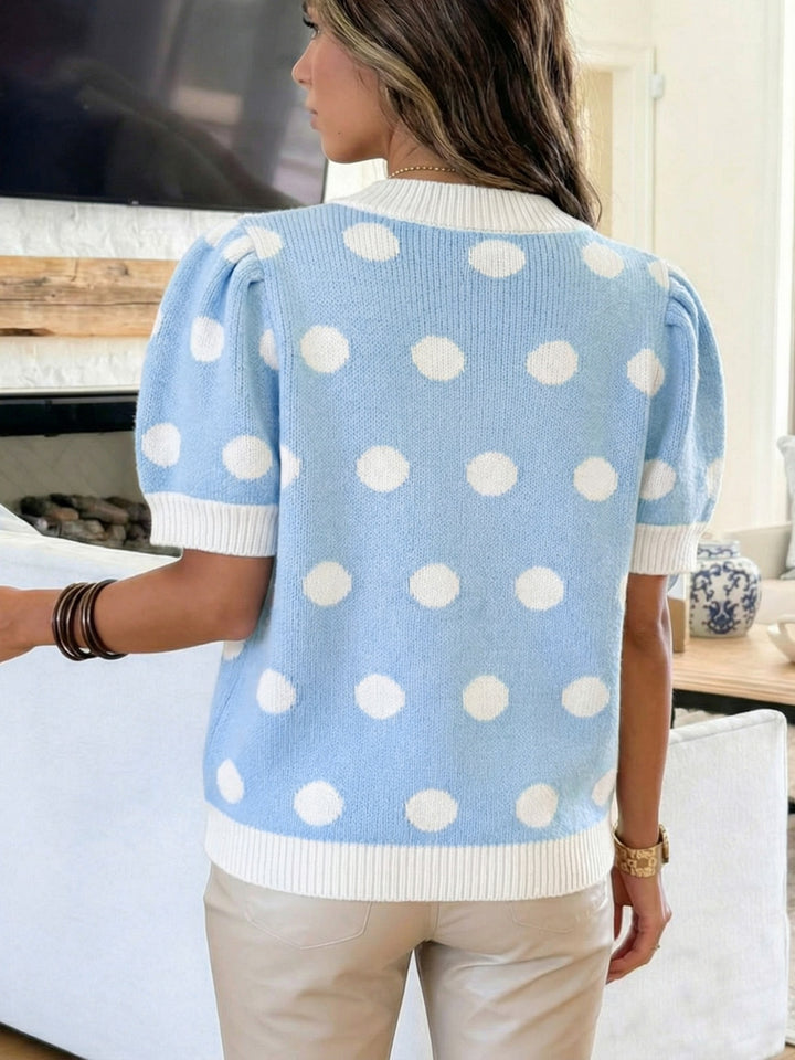 Polka dot puff sleeve V-neck knit sweater top