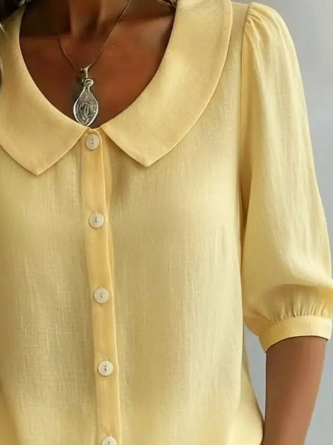 Peter Pan collar button-down blouse with 3/4 sleeves