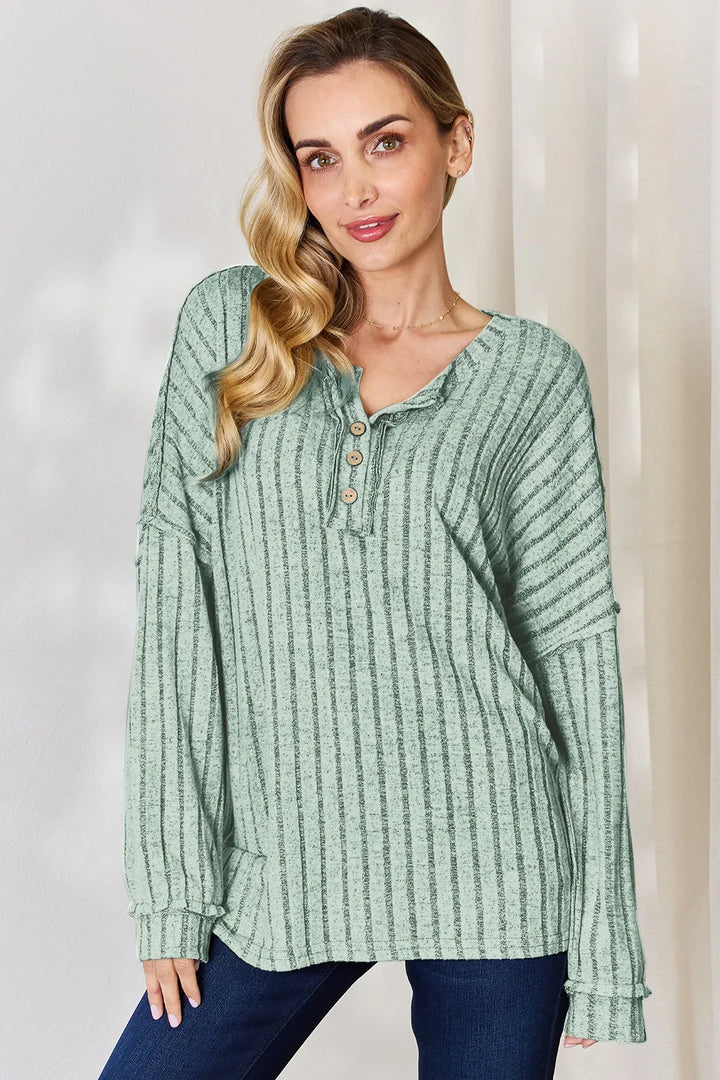 Light Green Ribbed knit half-button henley long sleeve top