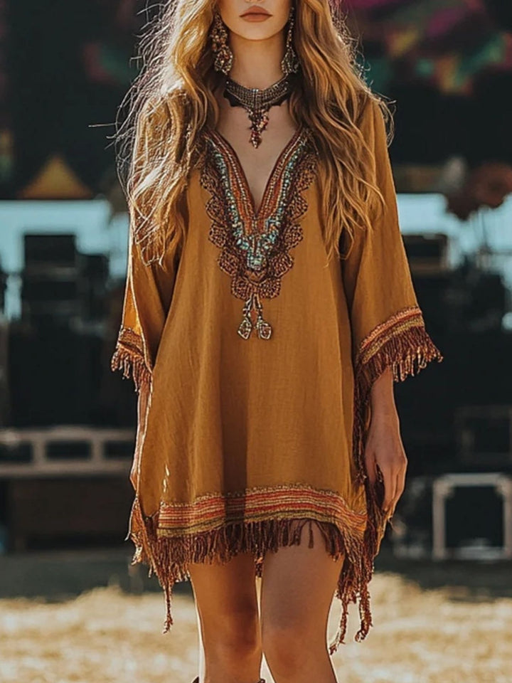 Ochre Embroidered fringe hem boho mini dress with 3/4 sleeves