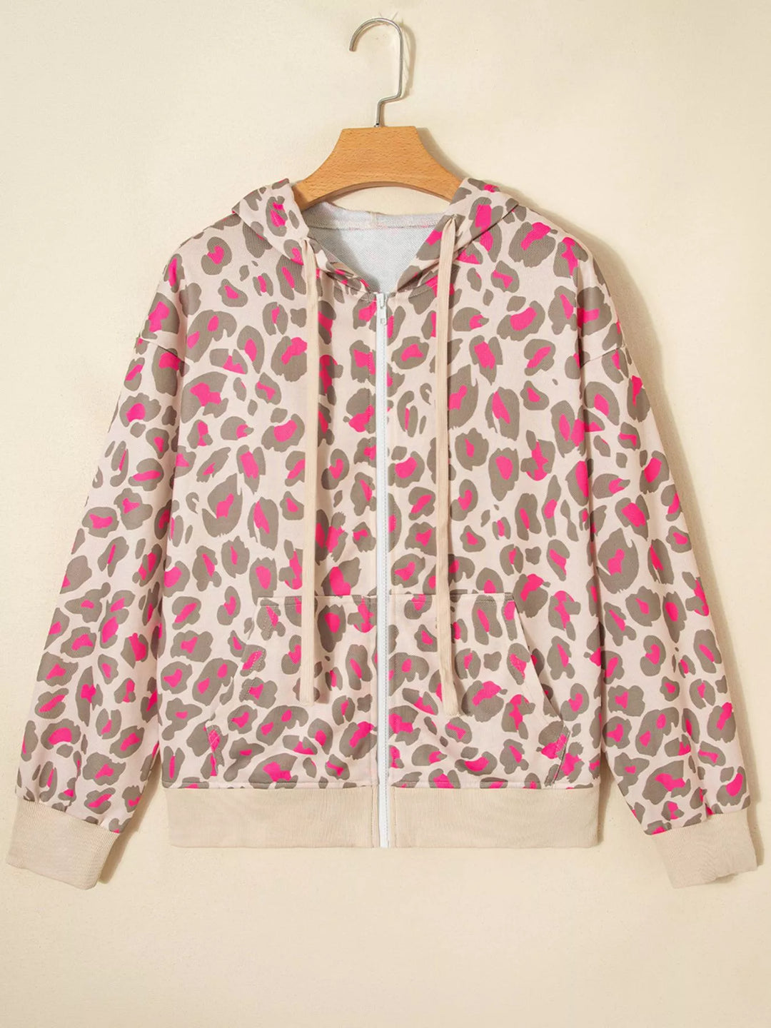 Leopard print zip-up hoodie with drawstring hood