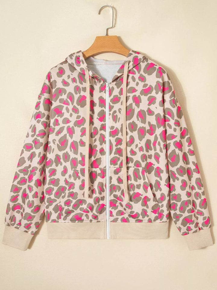 Leopard print zip-up hoodie with drawstring hood