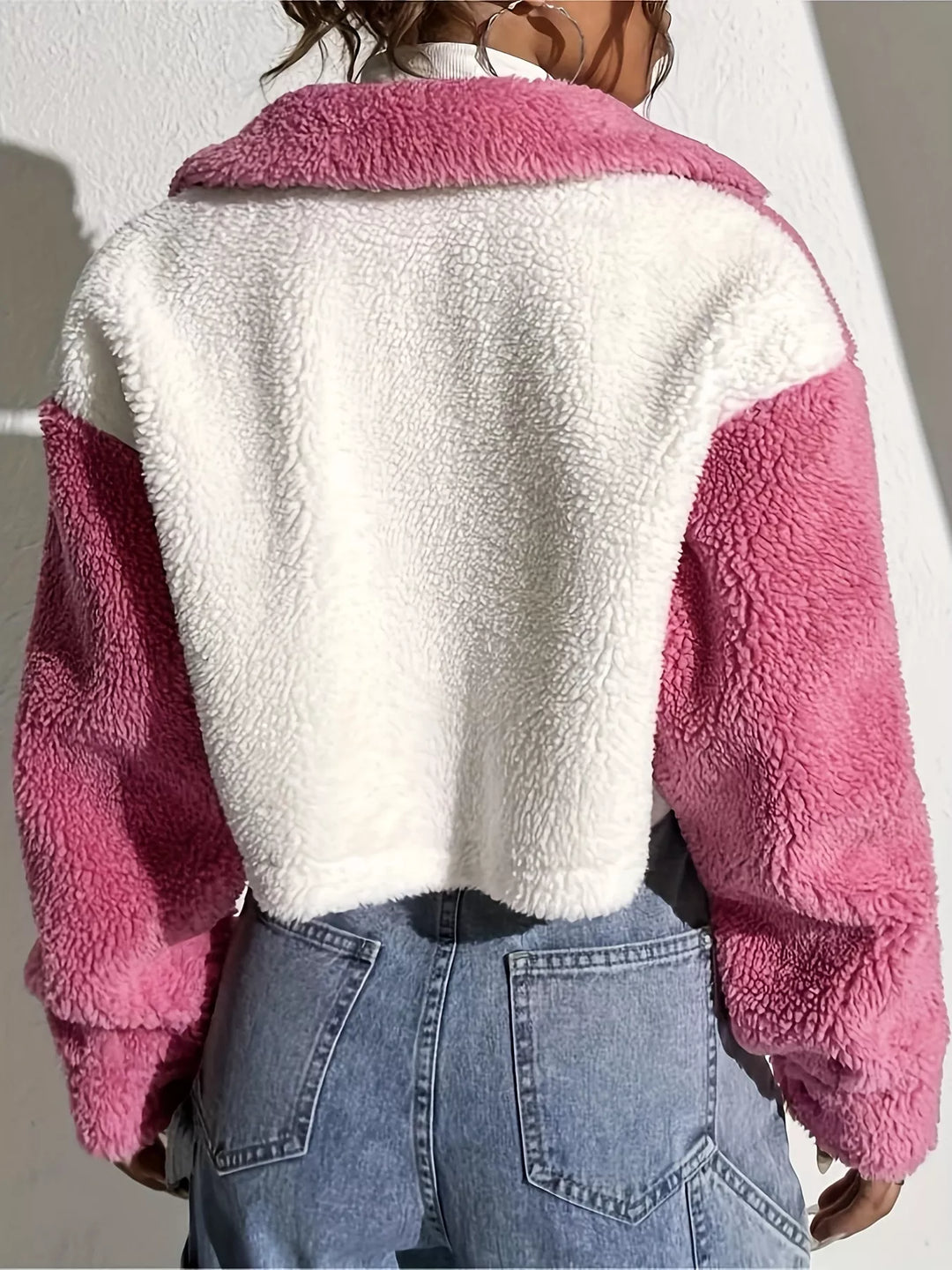 Two-tone sherpa cropped trucker jacket with snap front