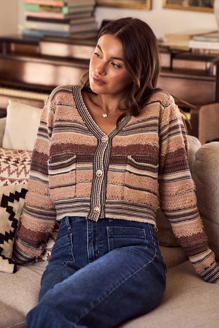 Textured stripe knit cropped cardigan with buttons and pockets