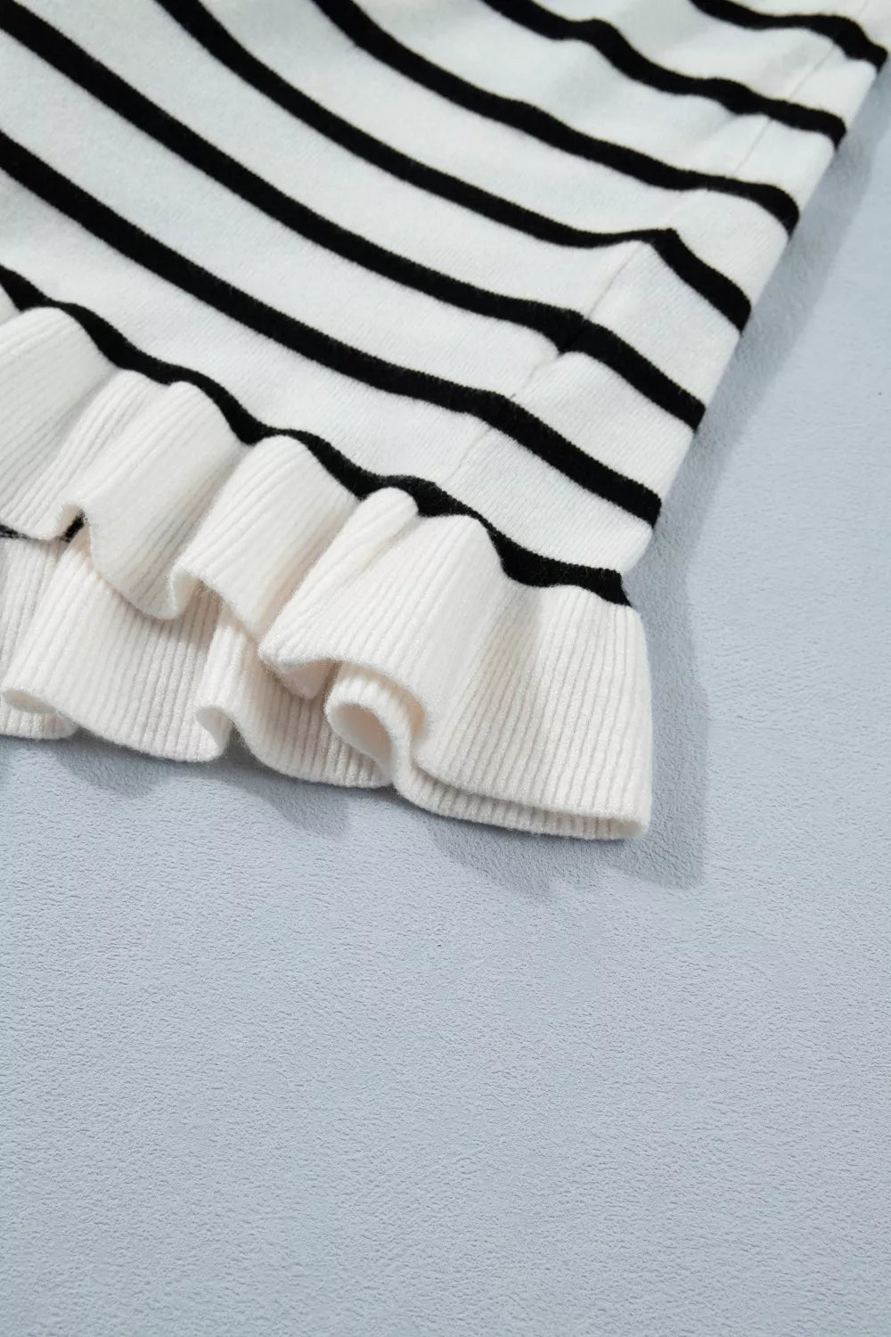 Striped short sleeve knit cardigan with ruffle trim