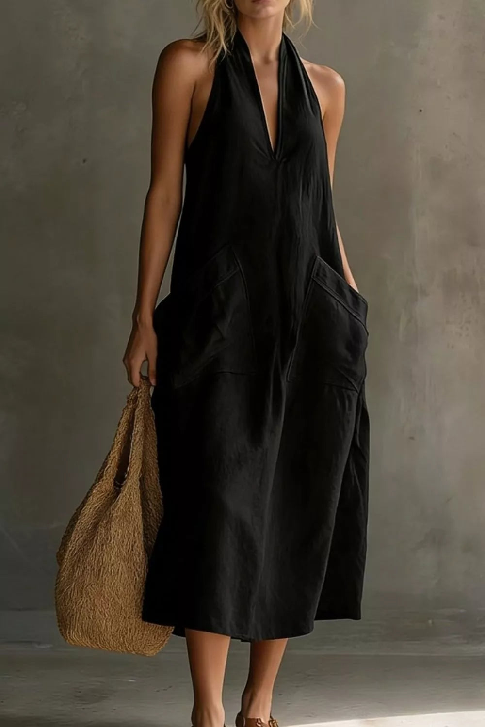 Relaxed halter neck midi dress with patch pockets
