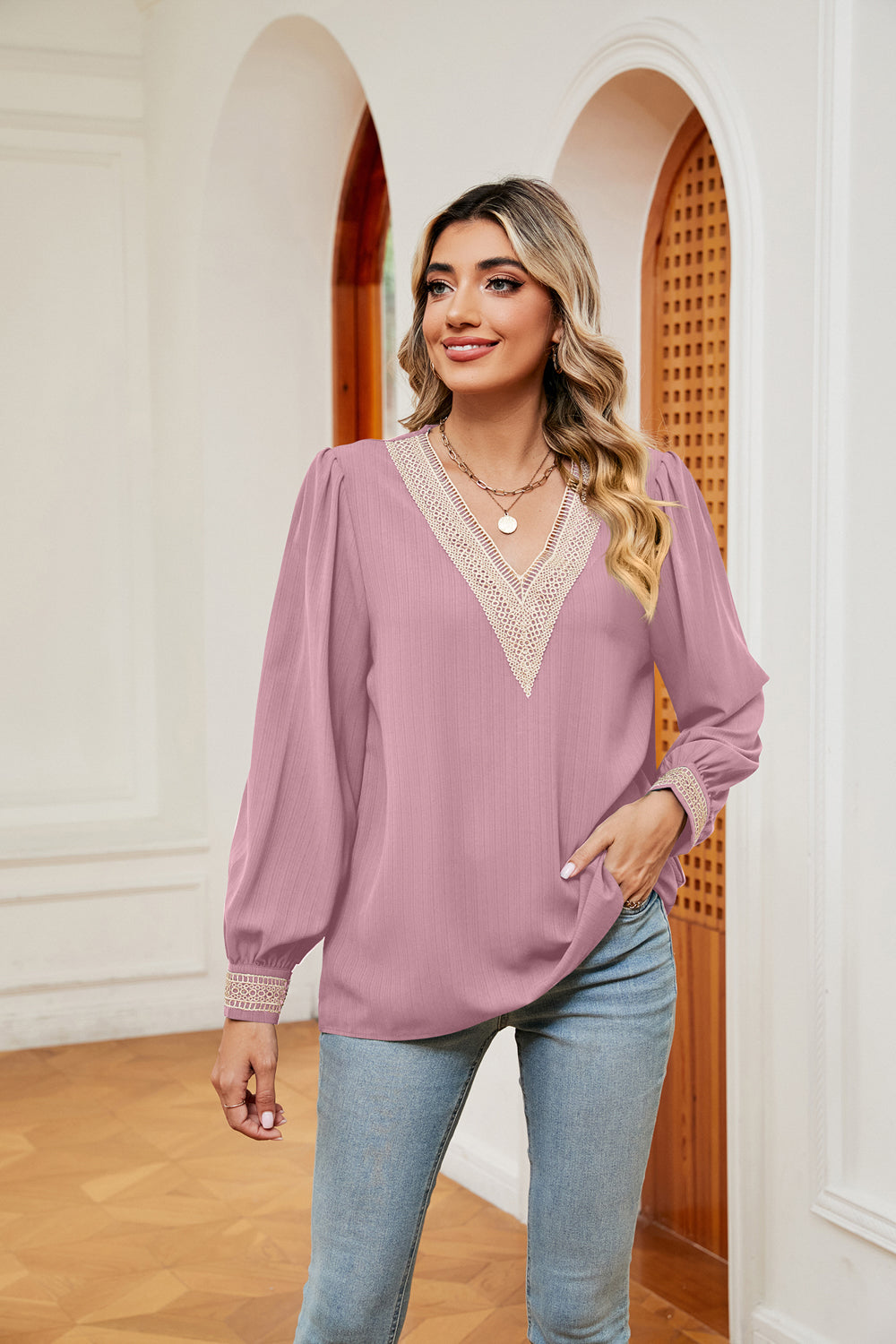 Blush Pink Contrast crochet trim V-neck puff sleeve blouse