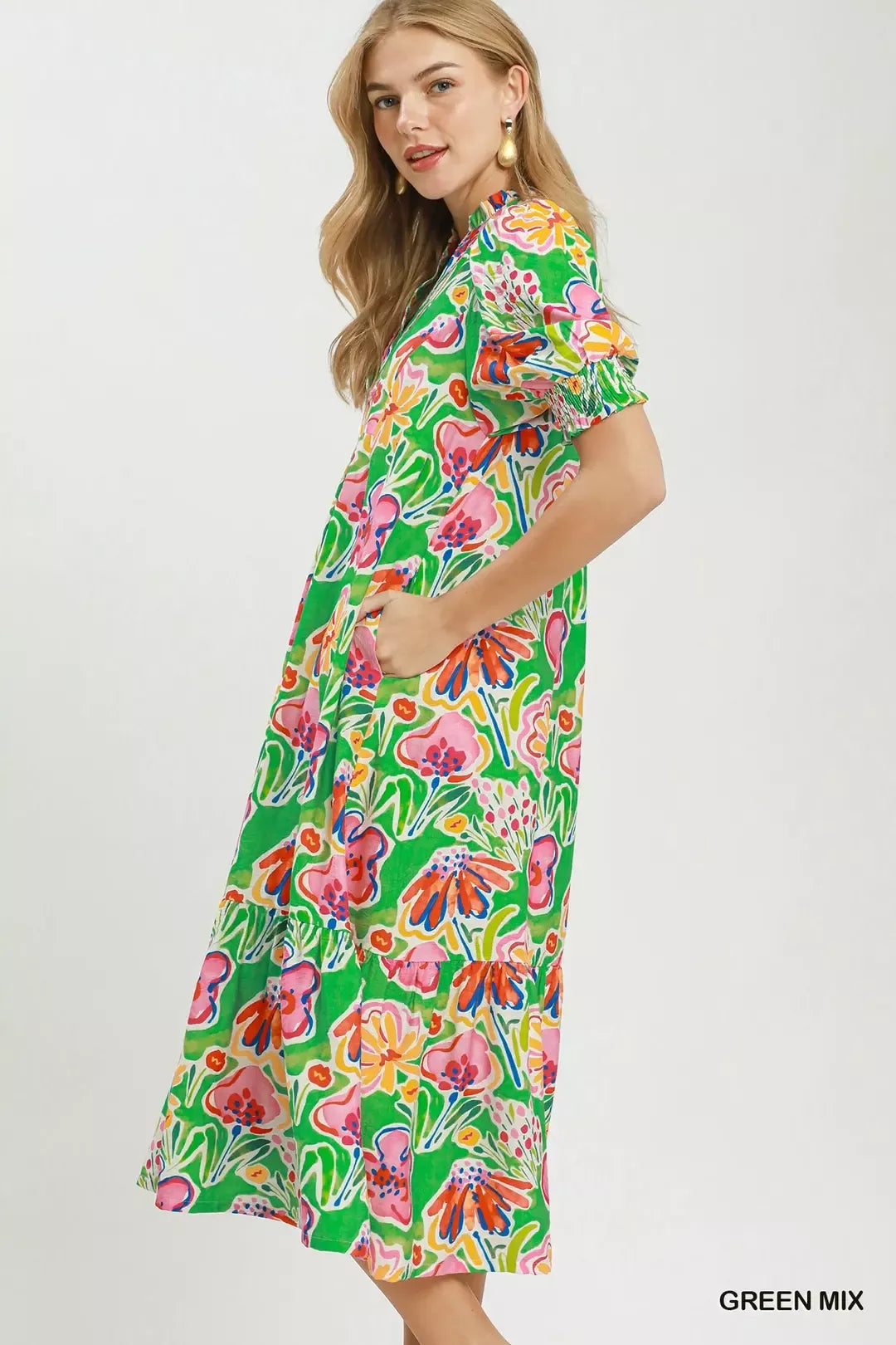 Floral print puff sleeve tiered midi dress with pockets