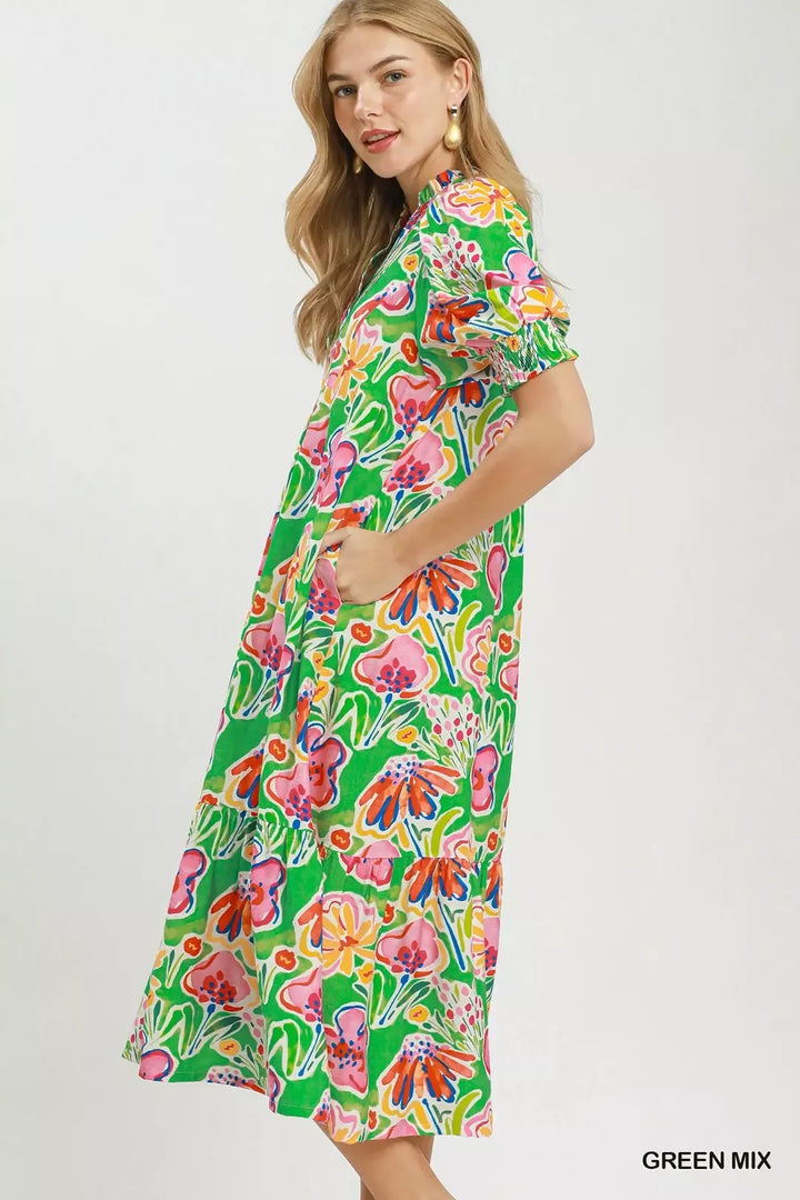 Floral print puff sleeve tiered midi dress with pockets
