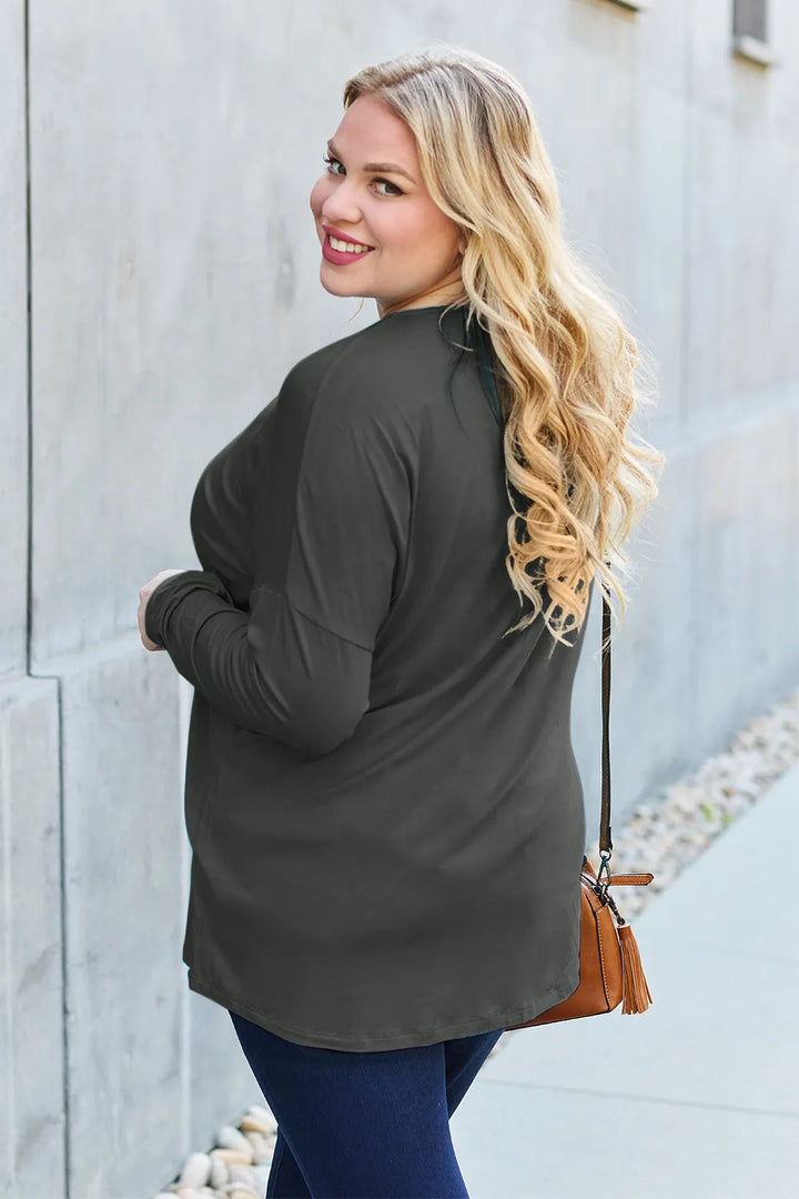 Dropped-shoulder round neck long sleeve knit top