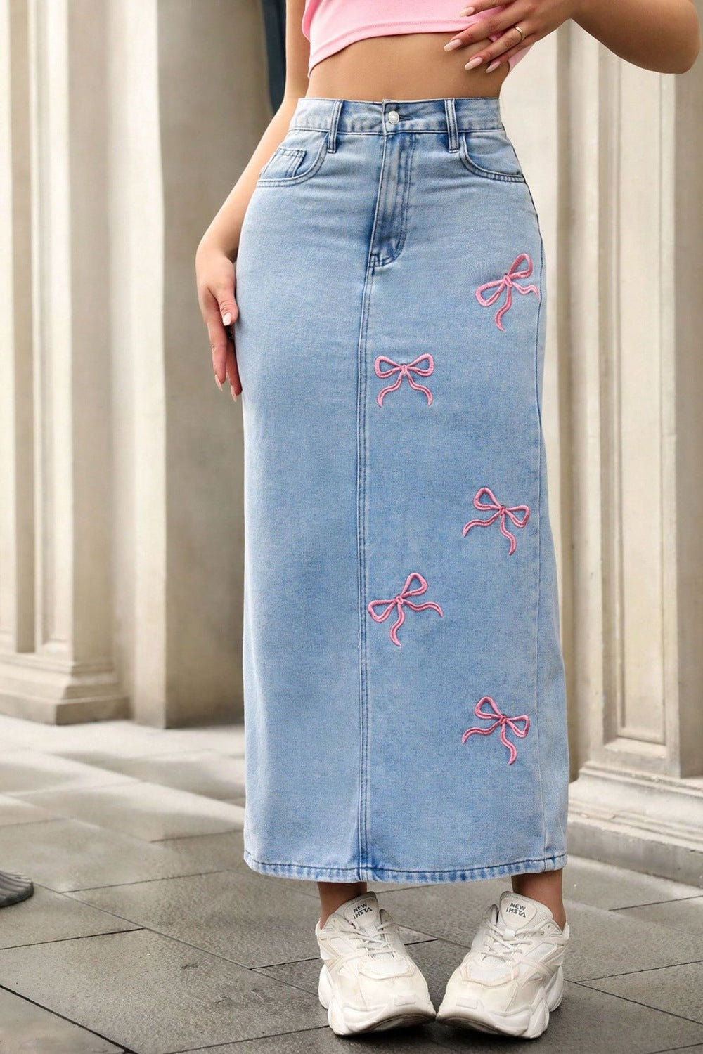 High-rise bow-embroidered denim maxi skirt