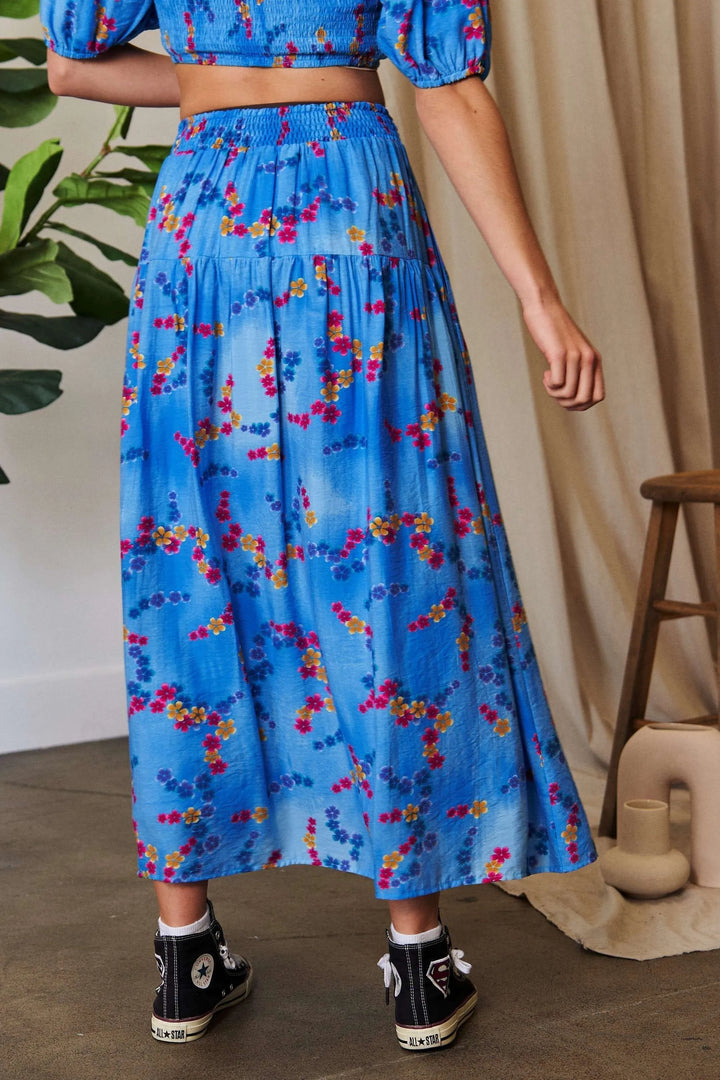 Tiered floral maxi skirt with smocked waistband