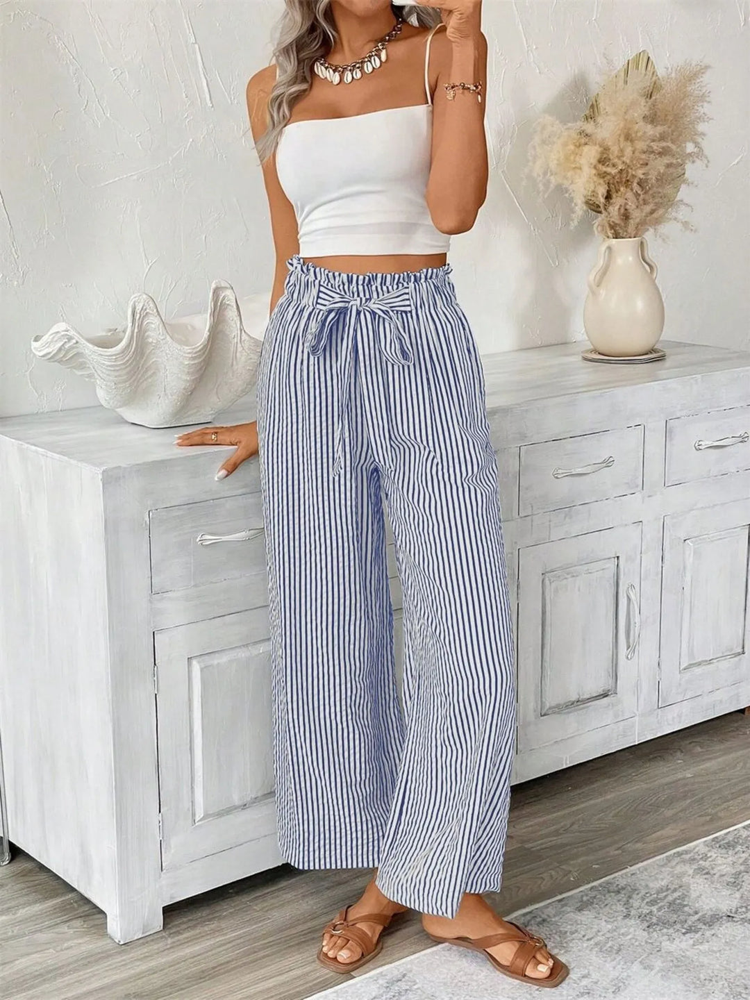 Striped wide-leg paper bag pants with tie belt