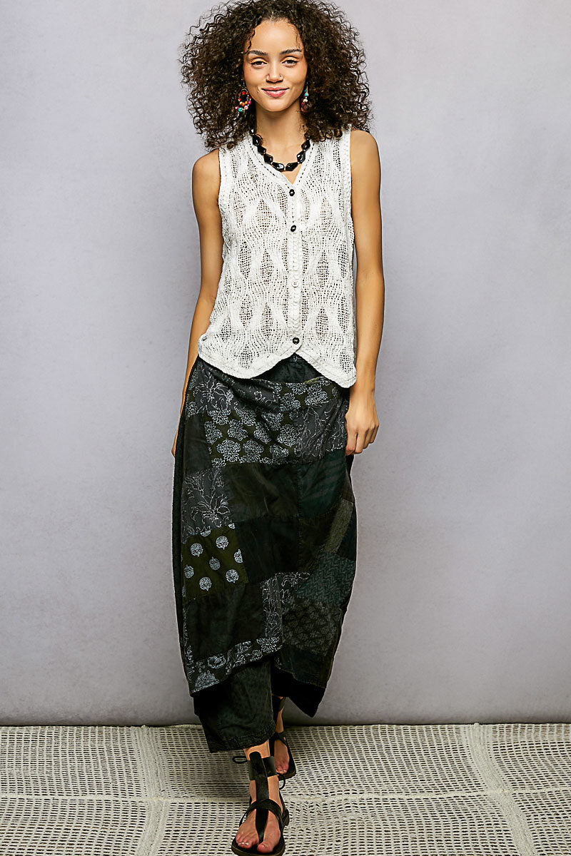V-neck open-weave crochet button-front vest
