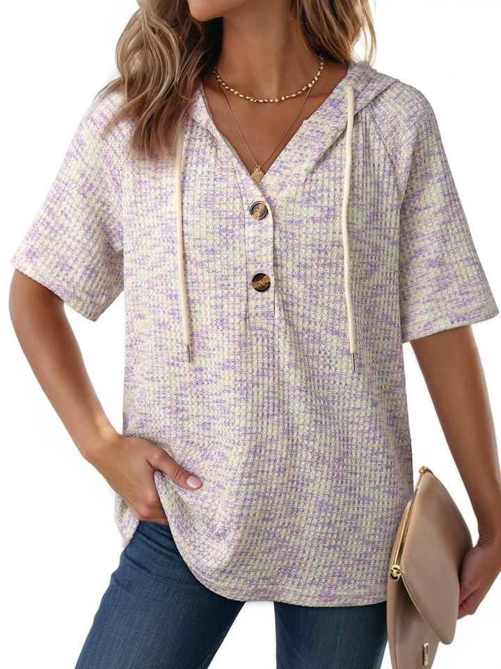 Purple Waffle knit hoodie top with button placket and drawstring