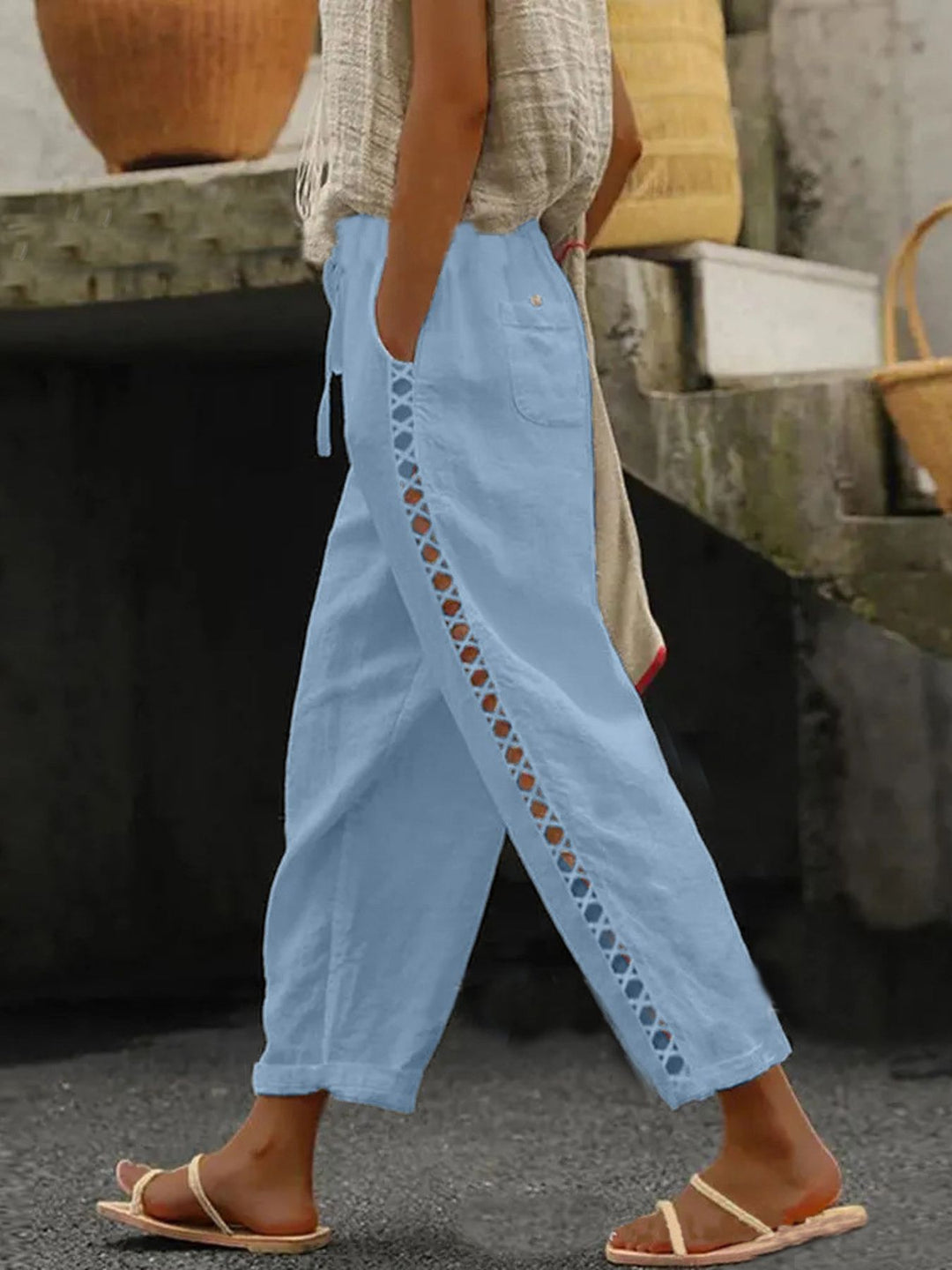 Black Hollow-out trim cropped pants with drawstring waist