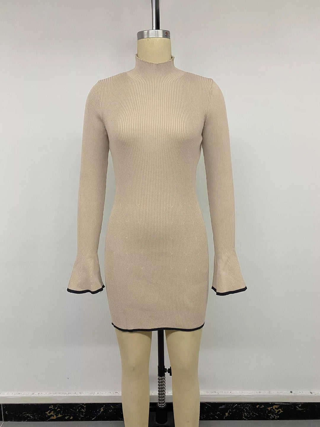 Ribbed knit mock neck flare sleeve mini sweater dress
