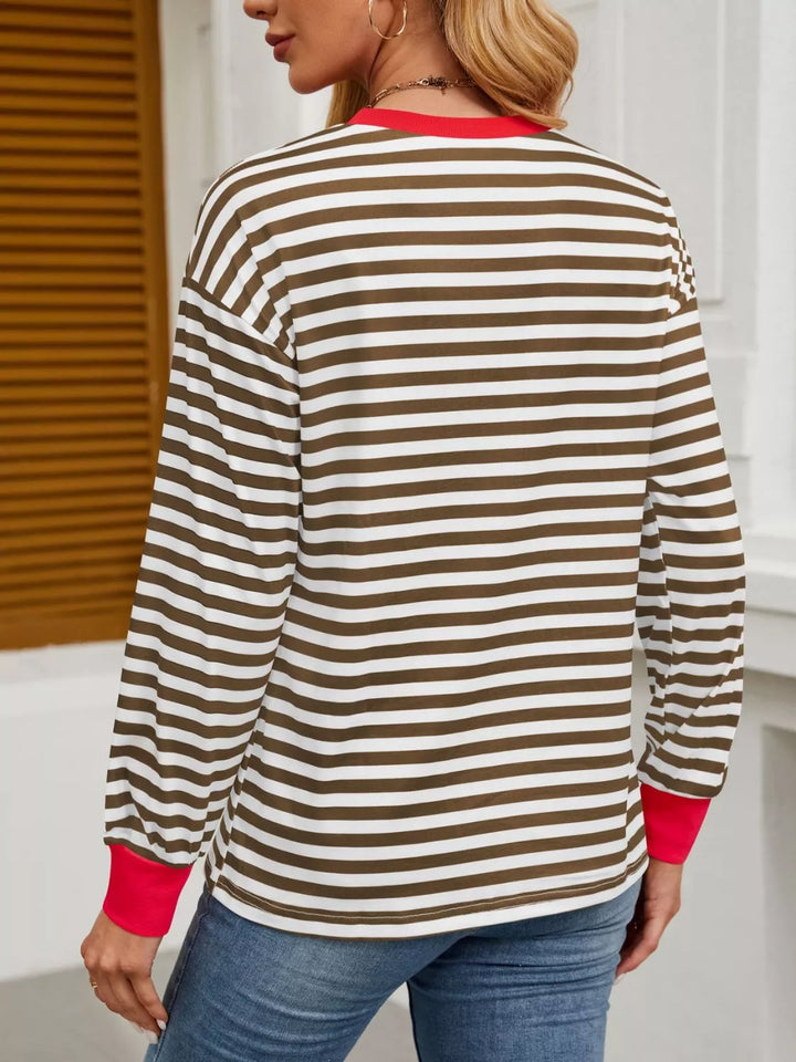 Contrast-trim striped long sleeve crew neck top