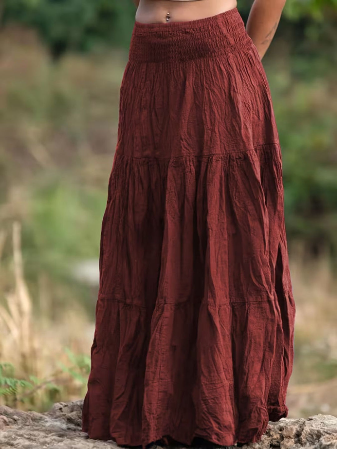Burgundy Tiered boho maxi skirt with smocked waistband