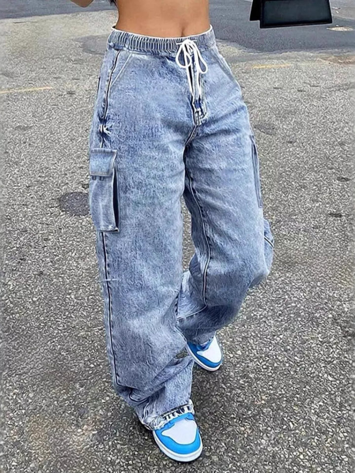 High-rise drawstring cargo jeans with side pockets