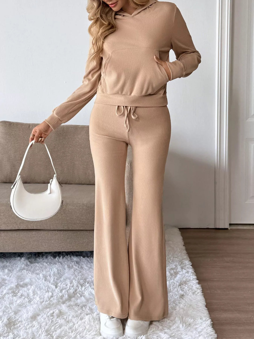 Ribbed knit hoodie and wide-leg pants two-piece set