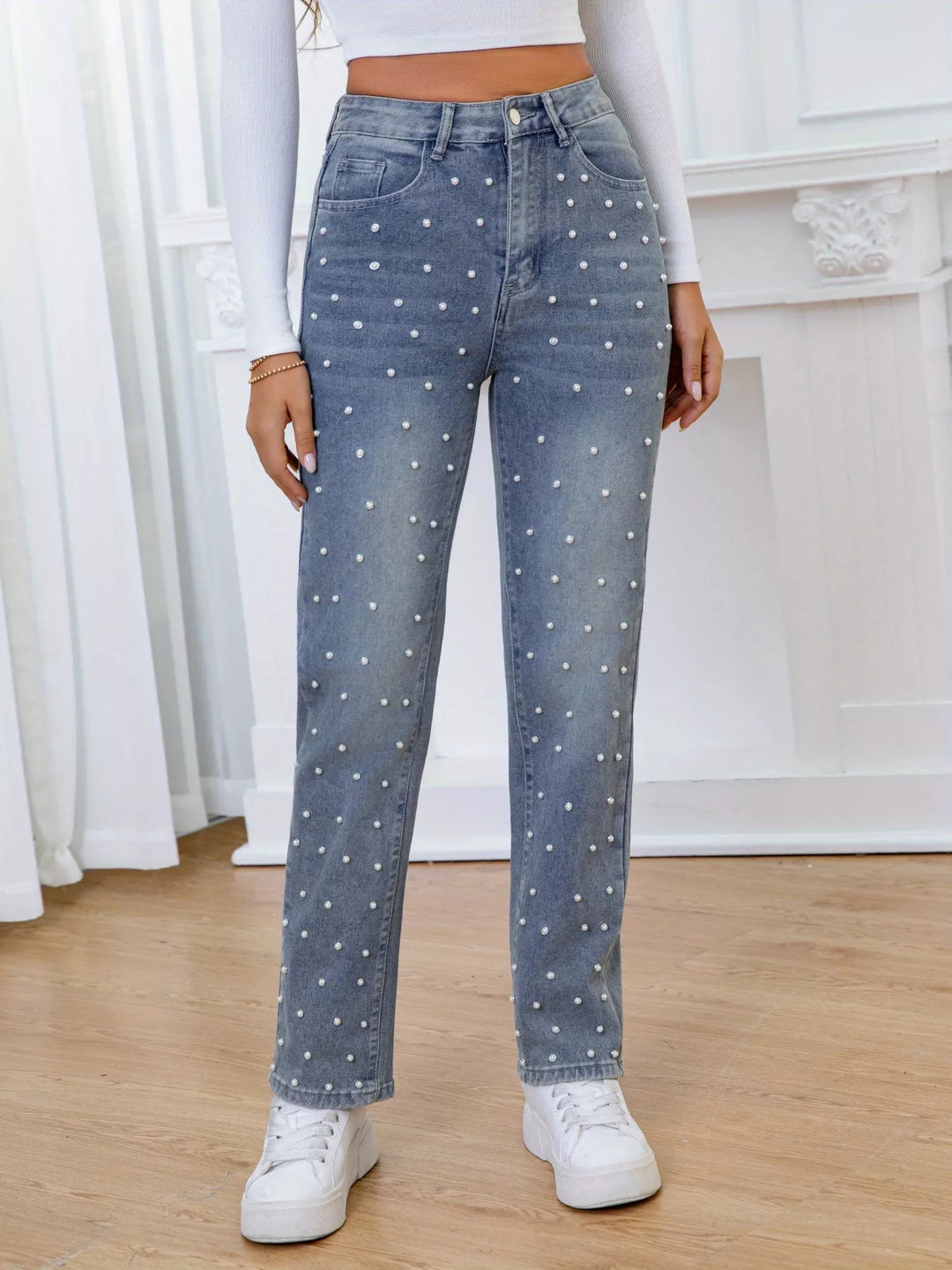 Pearl embellished high-rise straight leg jeans