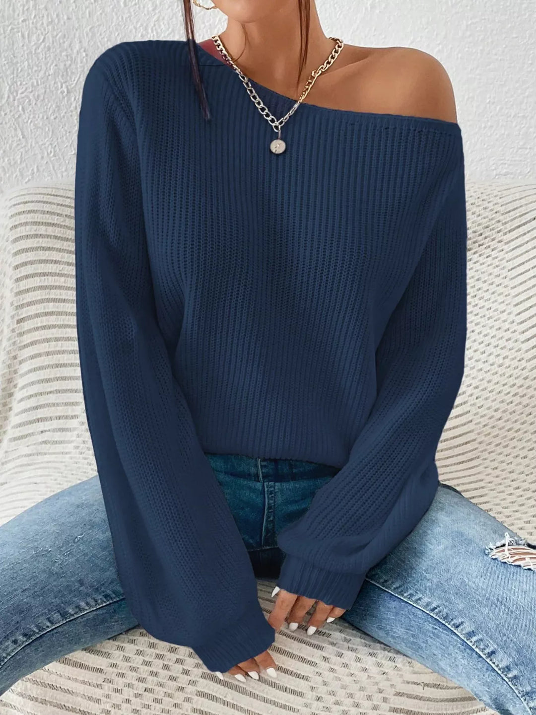 Navy Blue Off-shoulder ribbed knit sweater with drop shoulder sleeves