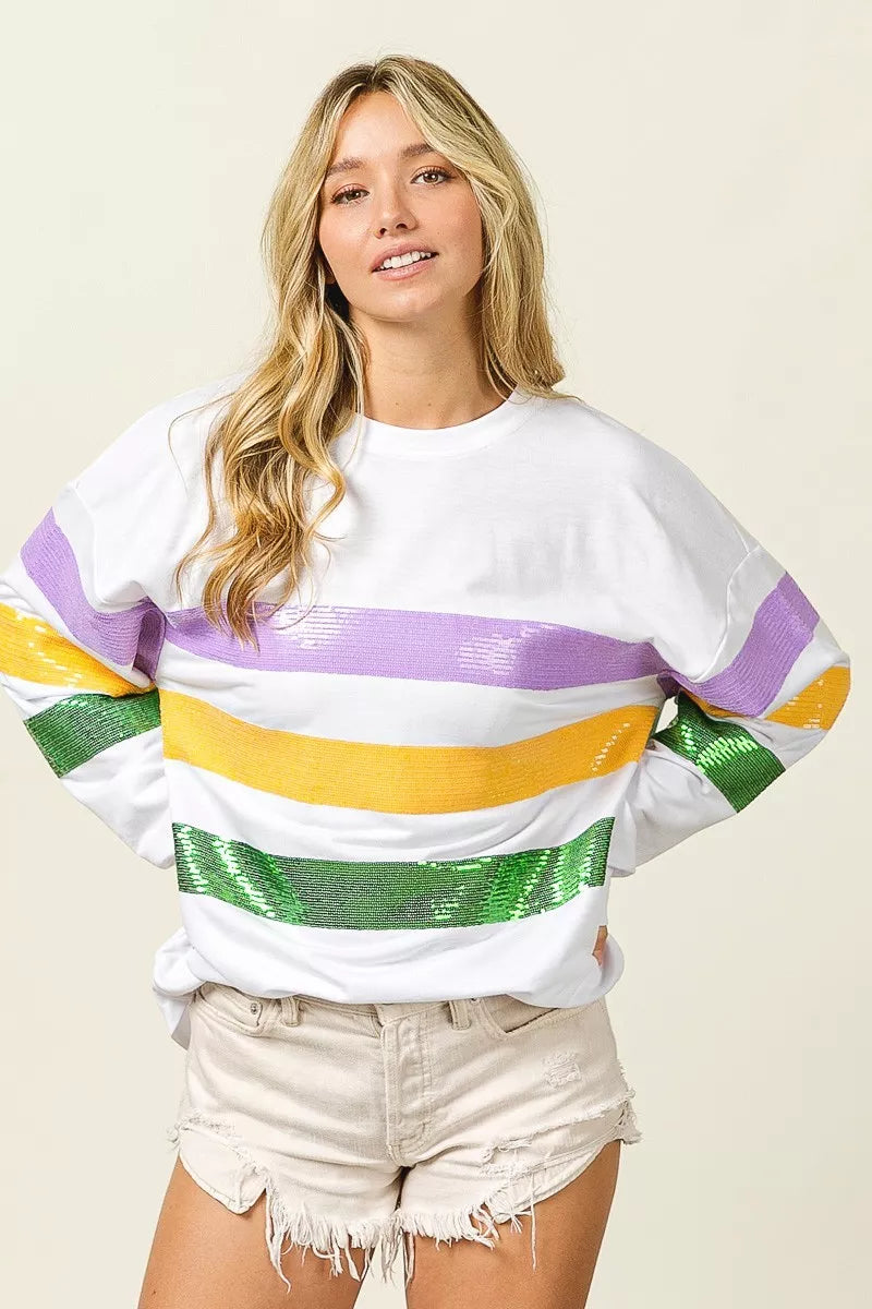 Sequin stripe Mardi Gras crewneck sweatshirt