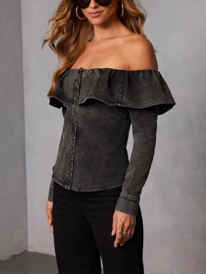 Off-shoulder ruffled denim top with button front