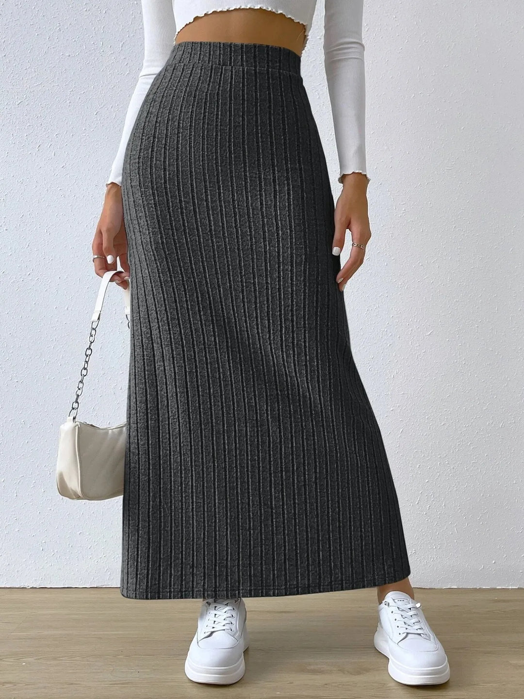 Ribbed knit high-waist maxi skirt with front slit