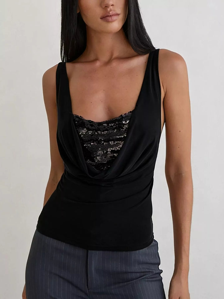 Cowl neck ruched tank top with sequin bust panel