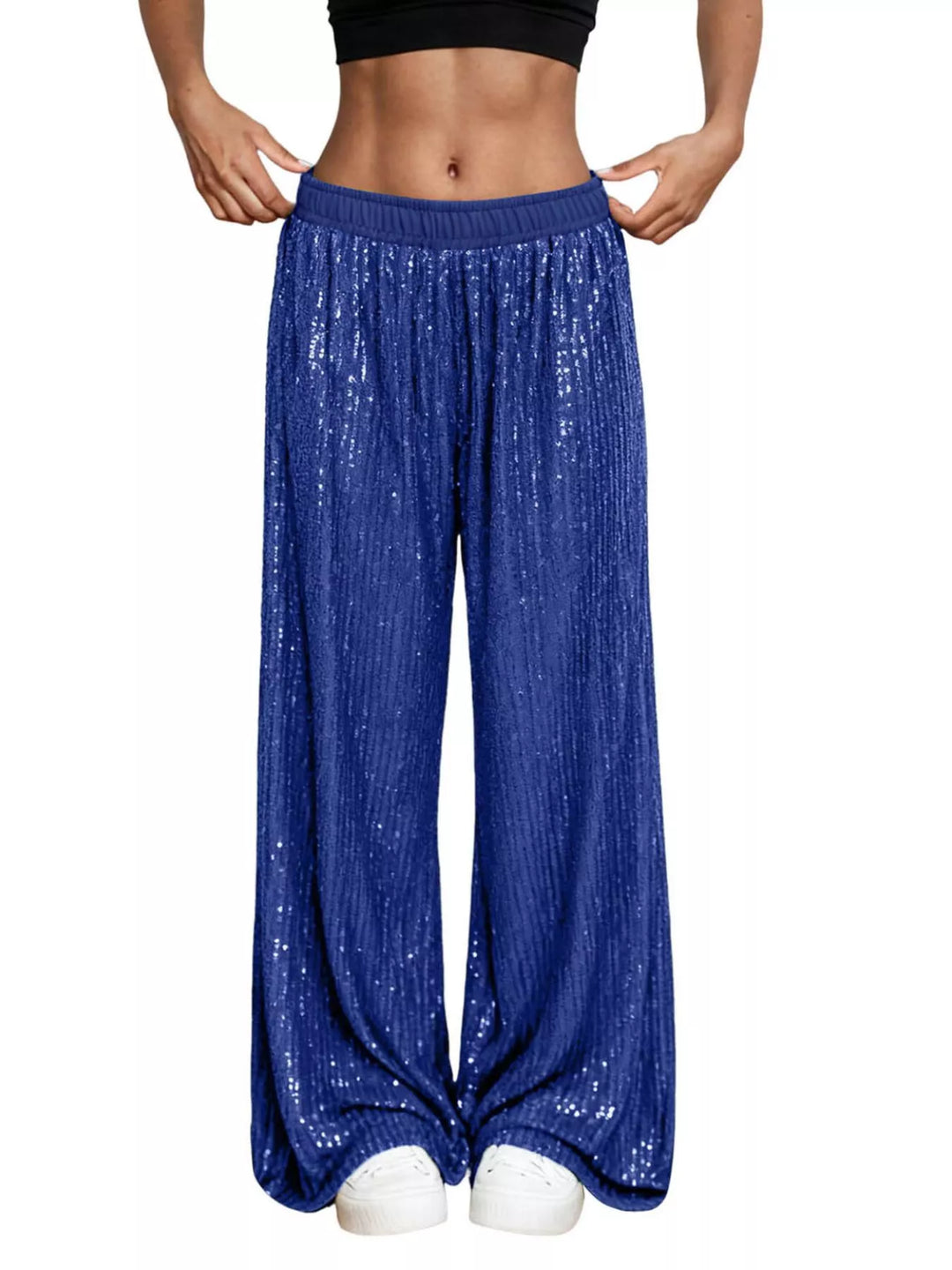 Blue All-over sequin wide-leg pants with elastic waist