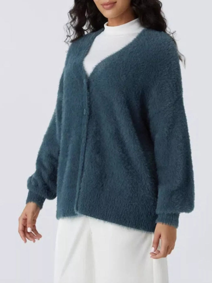 Fuzzy knit V-neck button-down cardigan