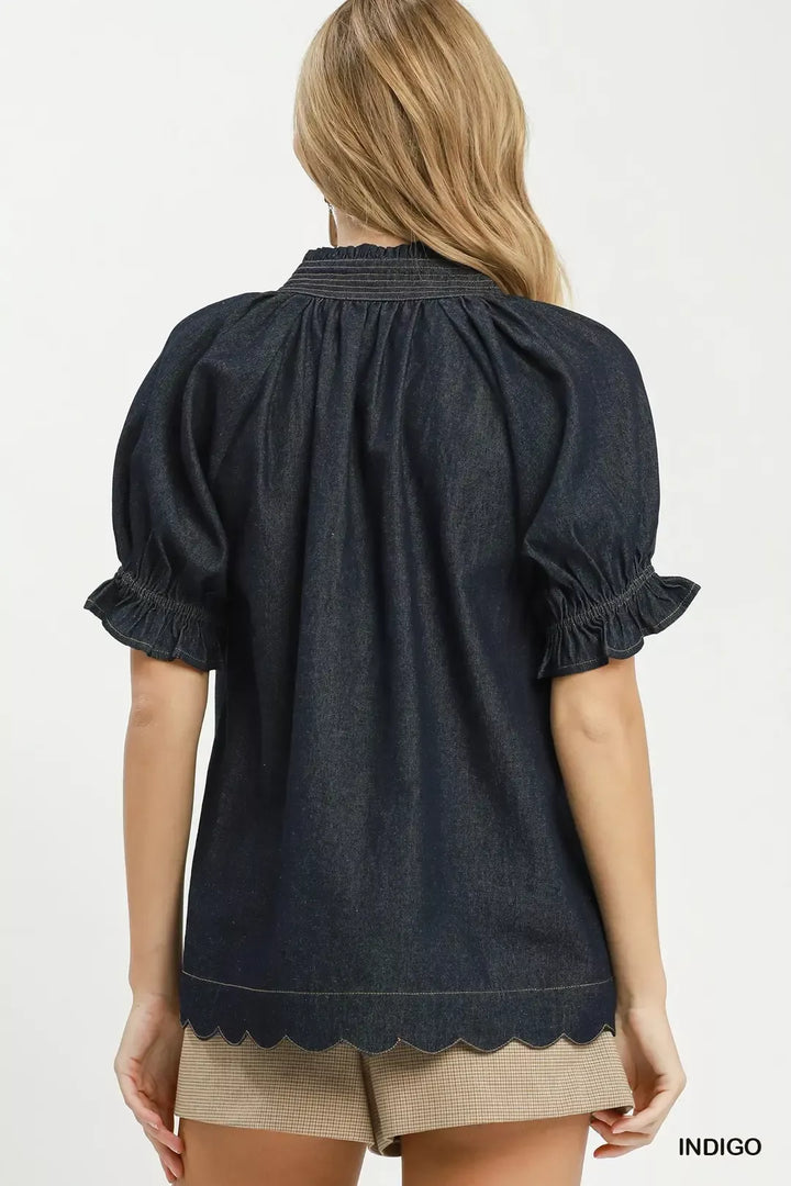 Chambray puff sleeve blouse with scalloped hem and split neck