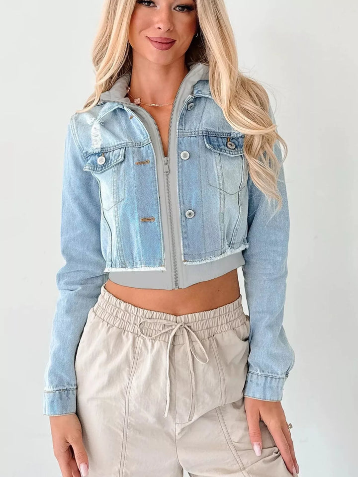 Distressed cropped hooded denim jacket with zip front