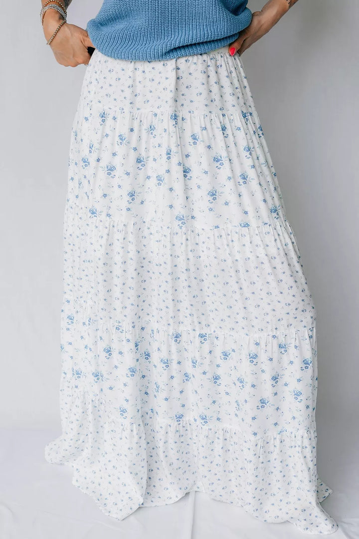 White High-waist tiered floral boho maxi skirt