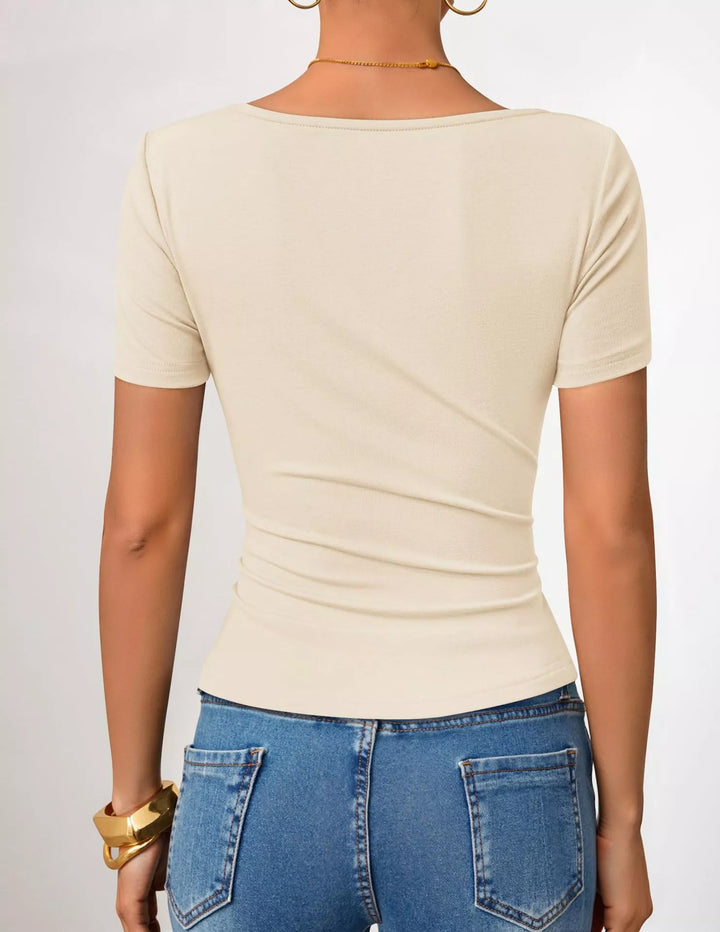Asymmetrical neckline fitted tee with side ruching