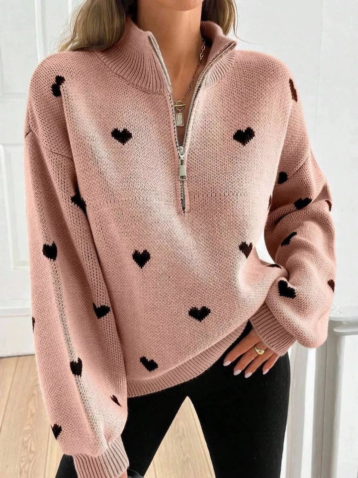 Dusty Pink Heart print half-zip mock neck sweater with drop shoulders