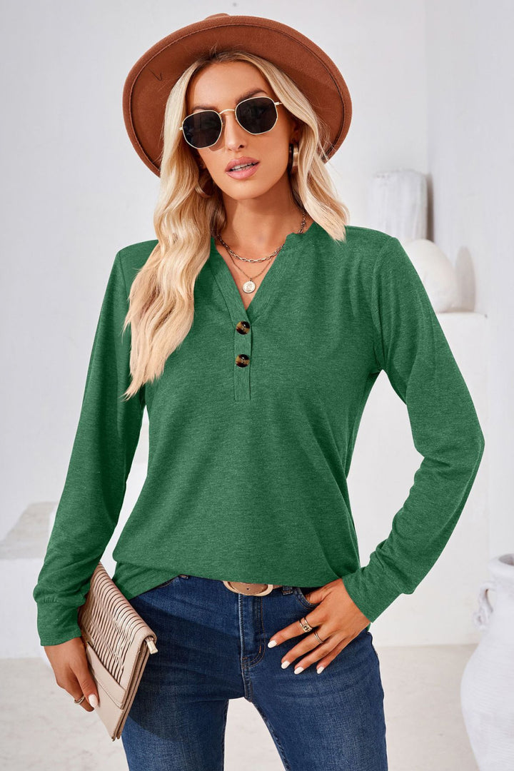 Buttoned split V-neck long sleeve henley top