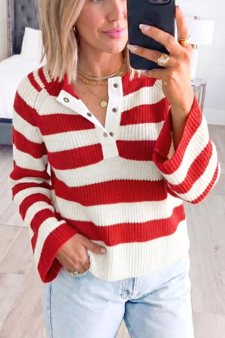 Striped rib knit henley sweater with snap button placket