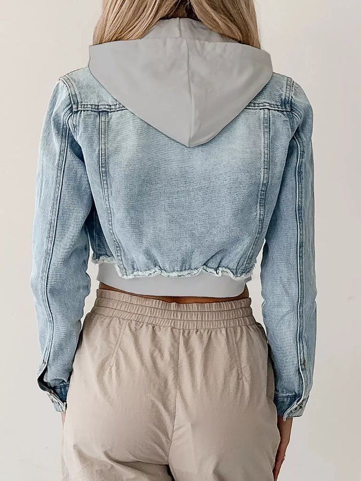 Distressed cropped hooded denim jacket with zip front