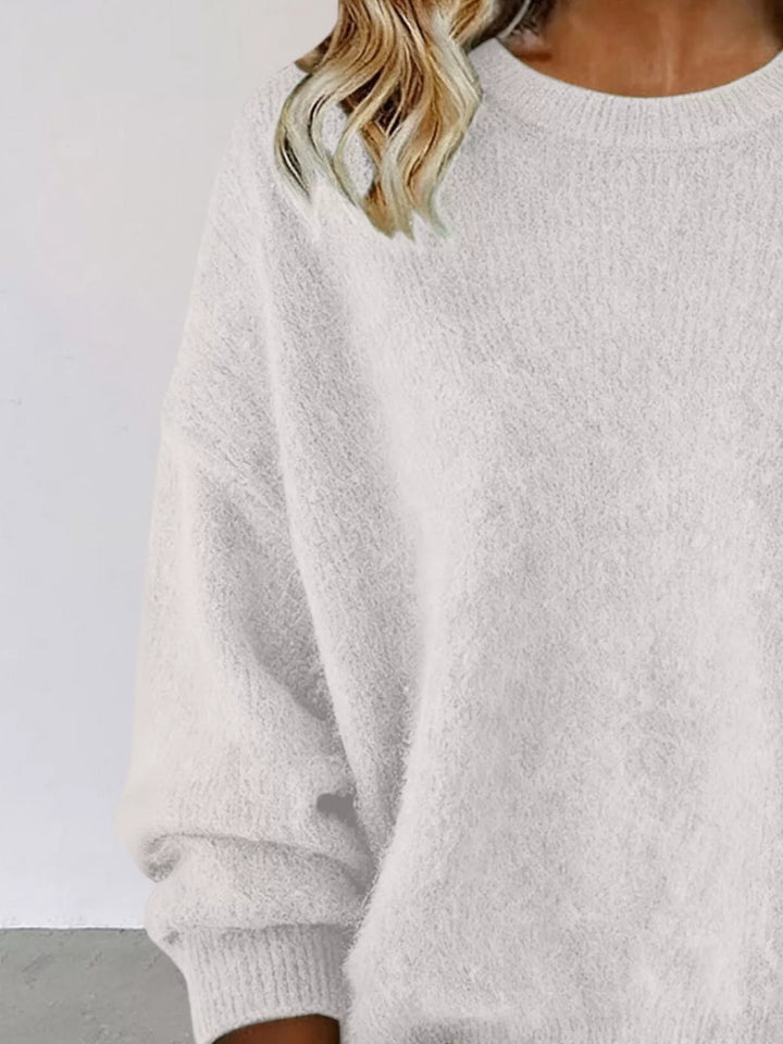 Dropped-shoulder crew neck knit sweater with ribbed trim