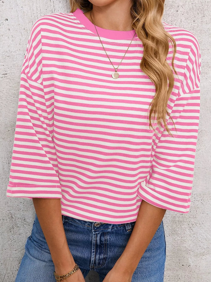 Striped oversized tee with back bow tie and keyhole cutout
