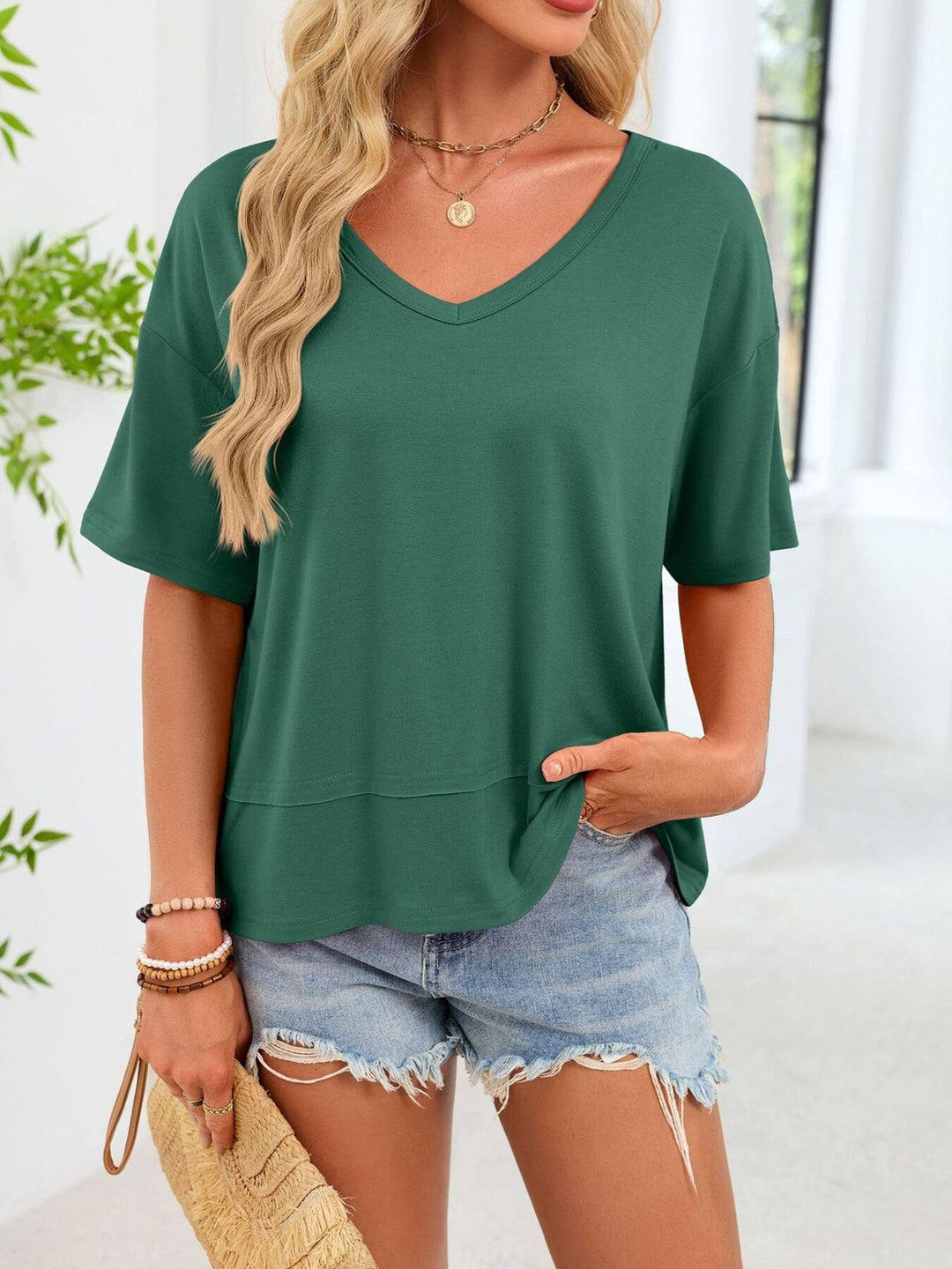 Dark Green Relaxed-fit V-neck short sleeve tee with raw hem